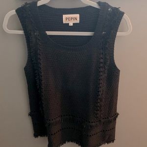 NWOT Pepin Black Fringe Open Work Vest Size S
